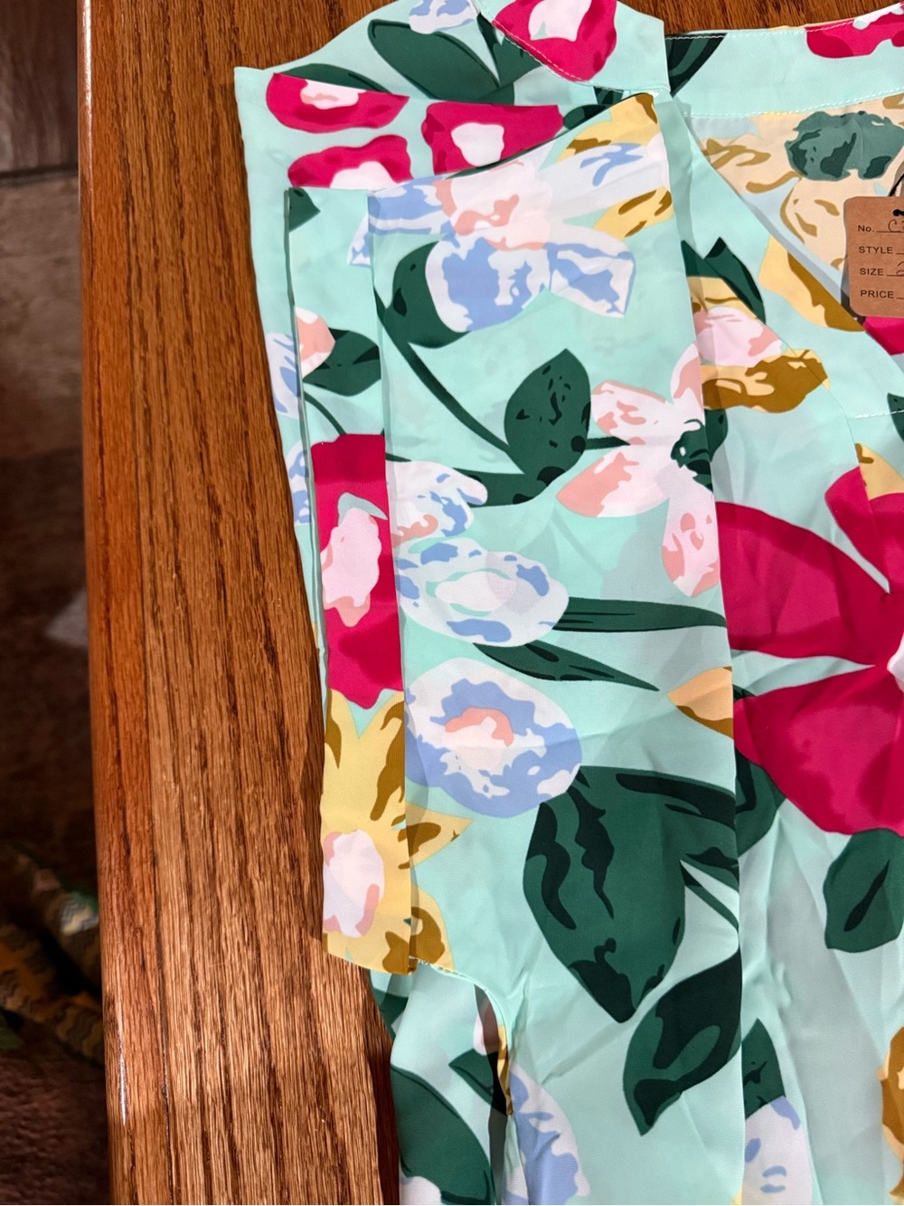 Umgee Mint Floral V-Neck Blouse with Fuchsia & Yellow Flowers - Picture 3 of 6